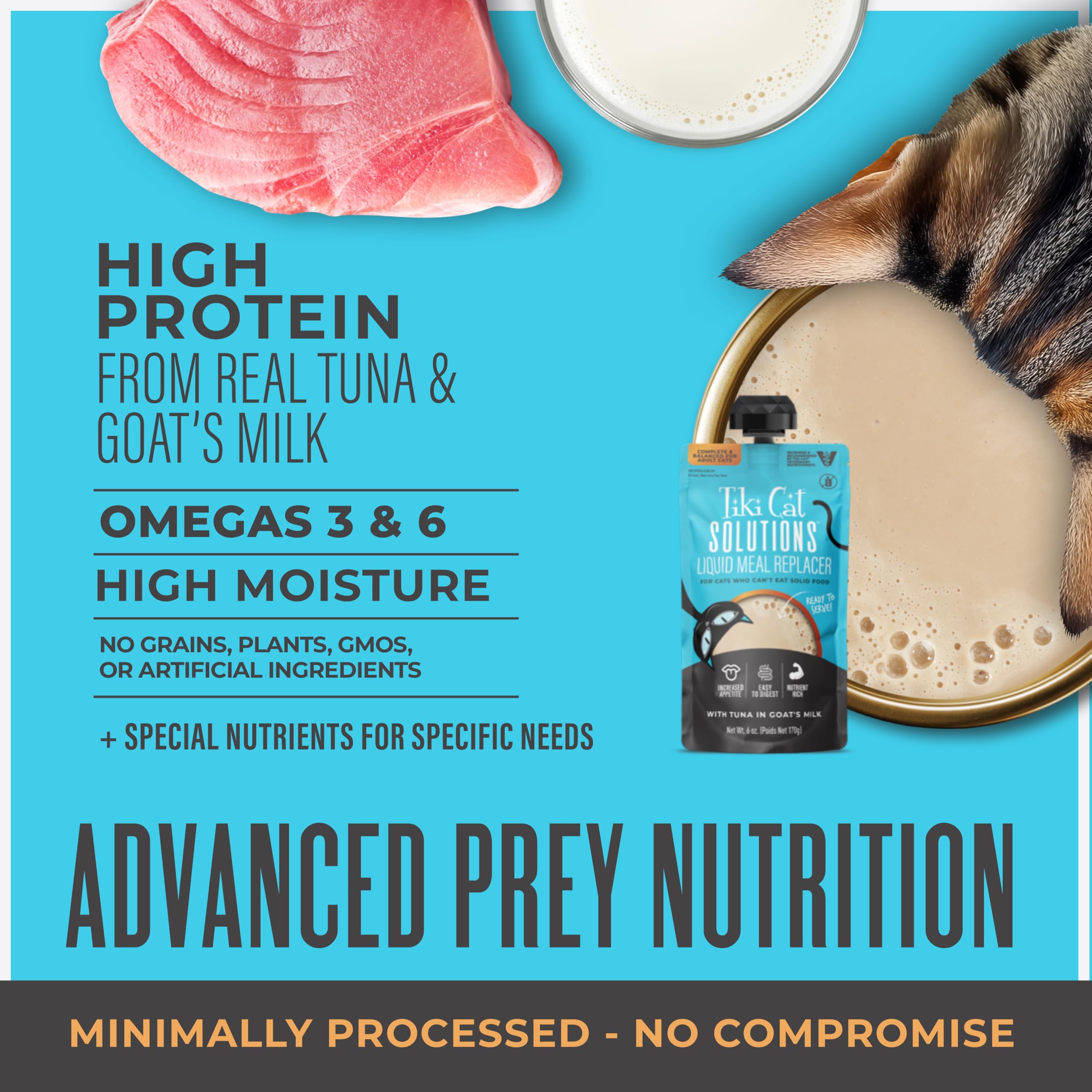 Tiki Cat Solutions tuna goat's milk — resealable pouch keeps nutrients fresh