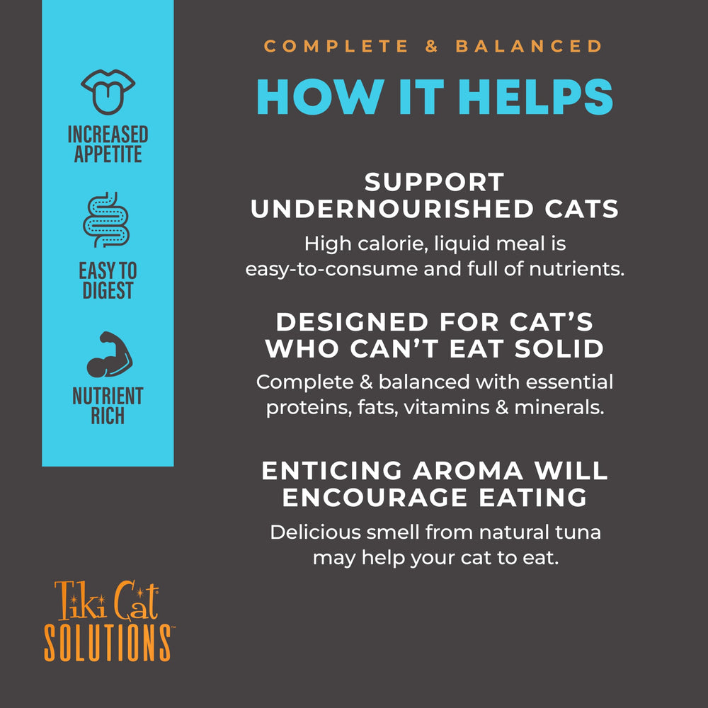 Tiki Cat Solutions goat's milk tuna — easy-calorie boost for under-nourished cats