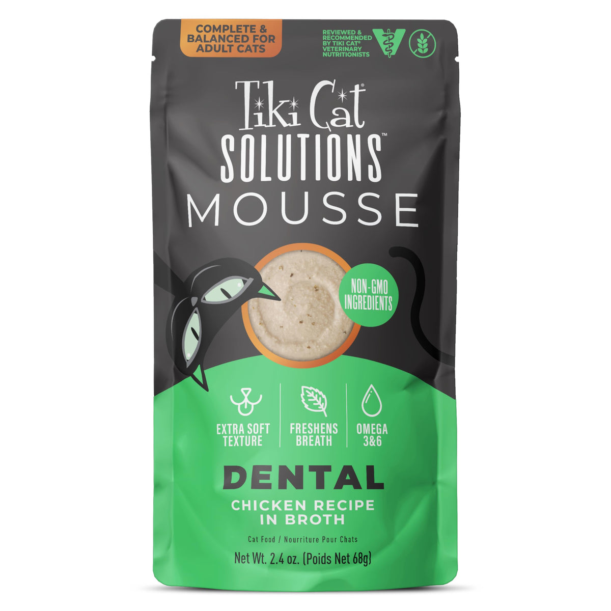 Tiki Cat Solutions Mousse dental chicken broth 12-count pouch promotes easy feeding for adult cats.