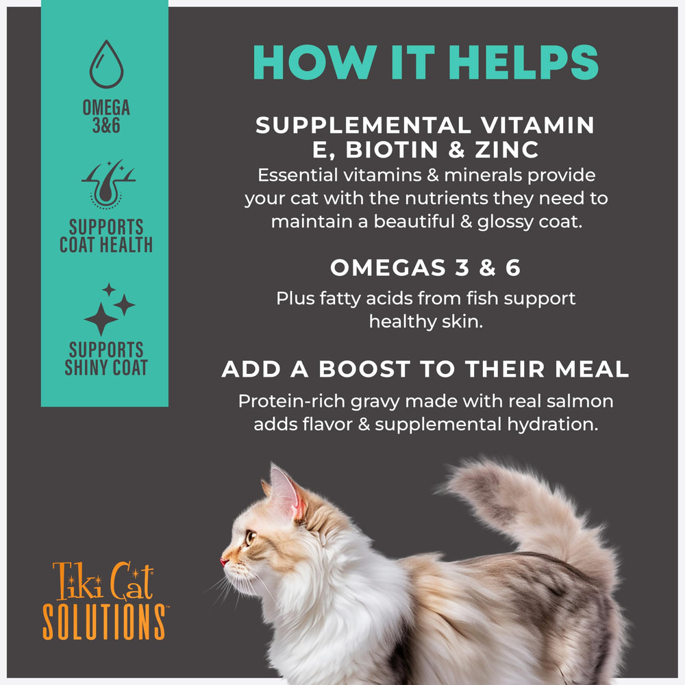 Tiki Cat Solutions omega-3 zinc blend highlighted for coat health.