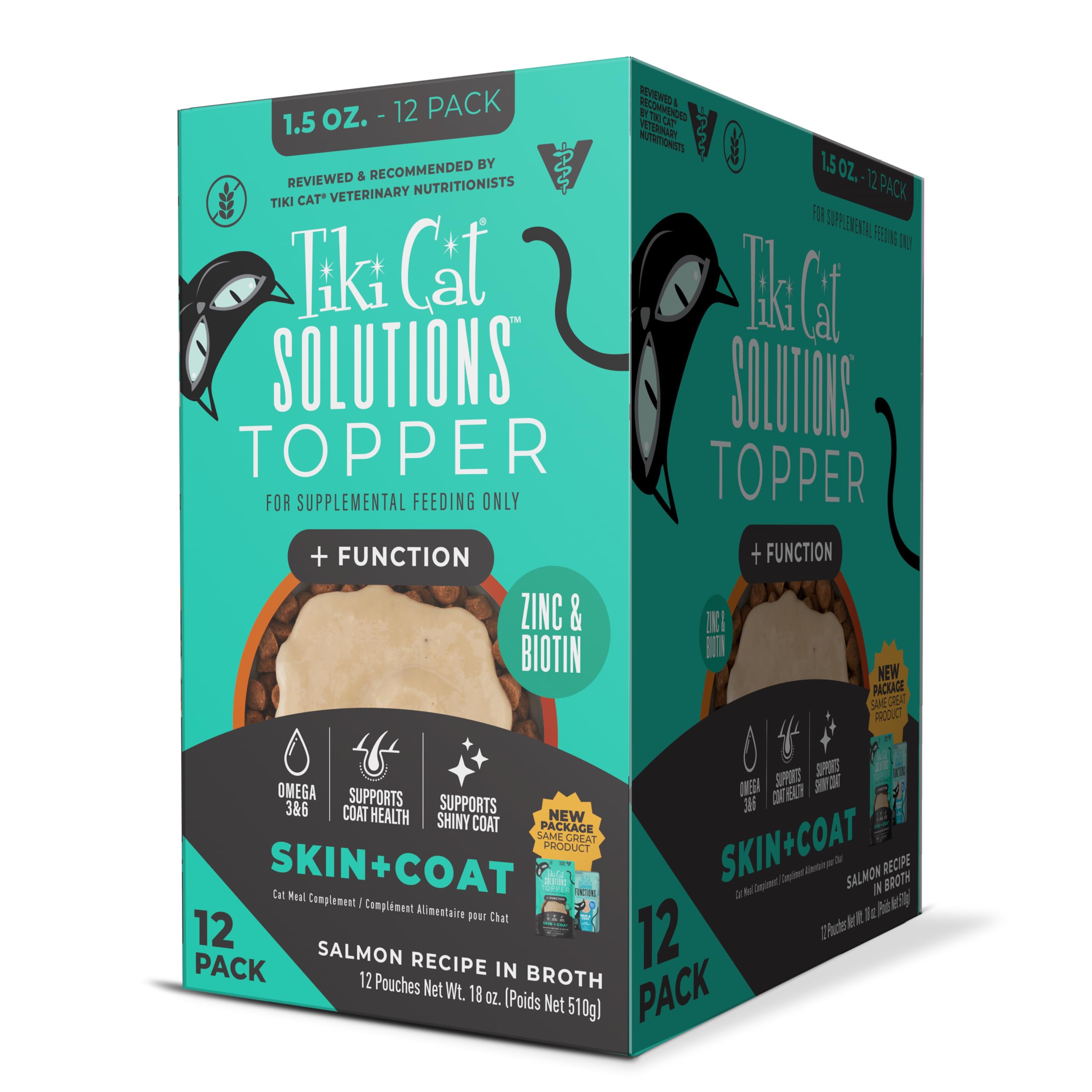 Tiki Cat Solutions Skin + Coat Topper packaging showing salmon in broth for coat care.