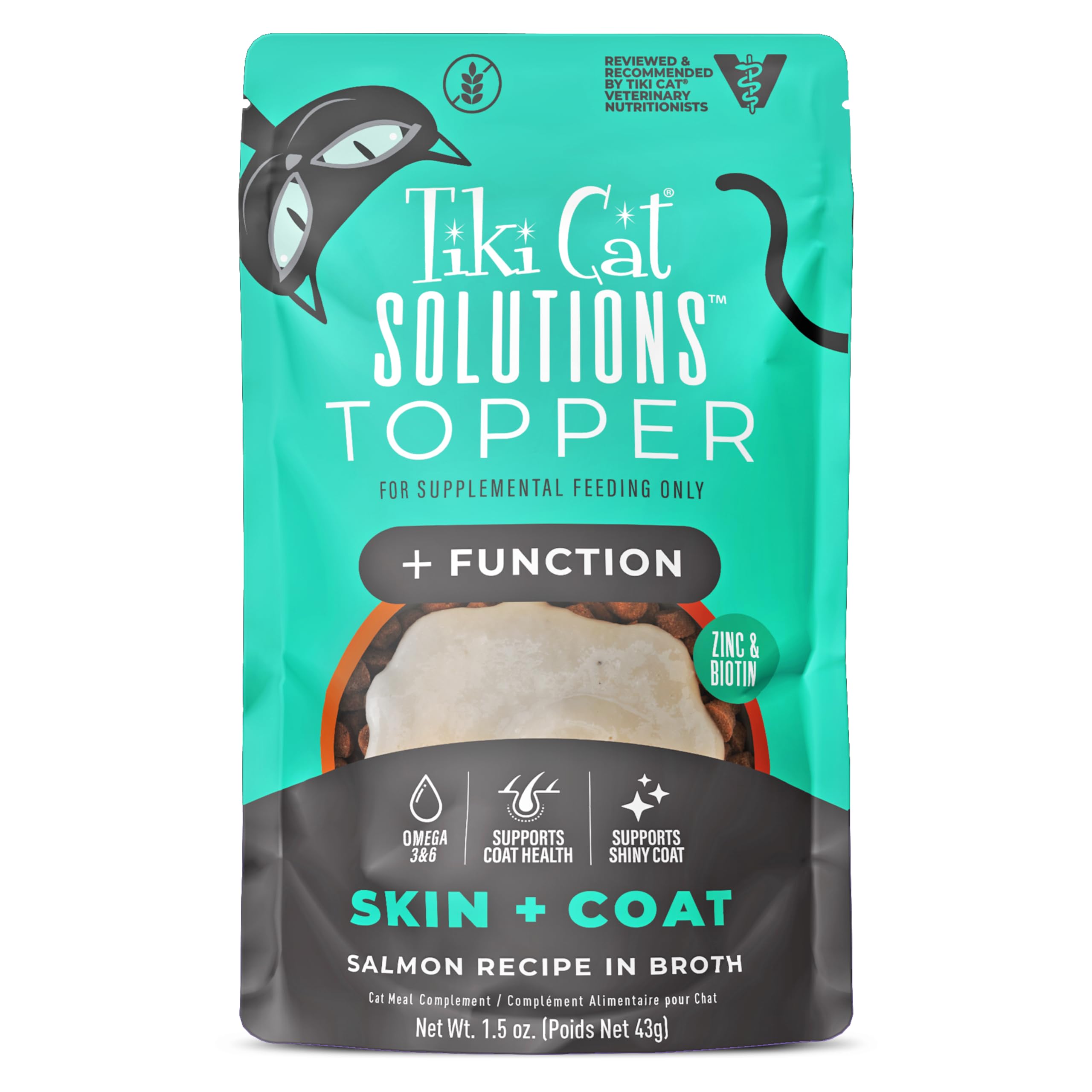TIKI PETS Tiki Cat Solutions Skin + Coat topper with salmon in broth for moisture.