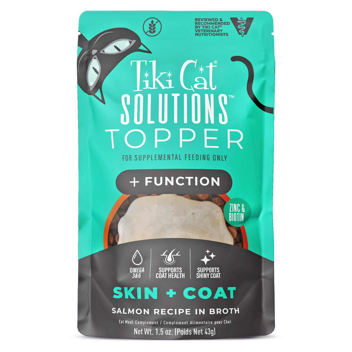 TIKI PETS Tiki Cat Solutions Skin + Coat topper with salmon in broth for moisture.
