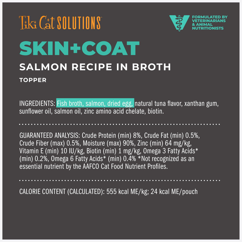 Tiki Cat Solutions Skin + Coat Topper salmon pouch ready to top kibble.
