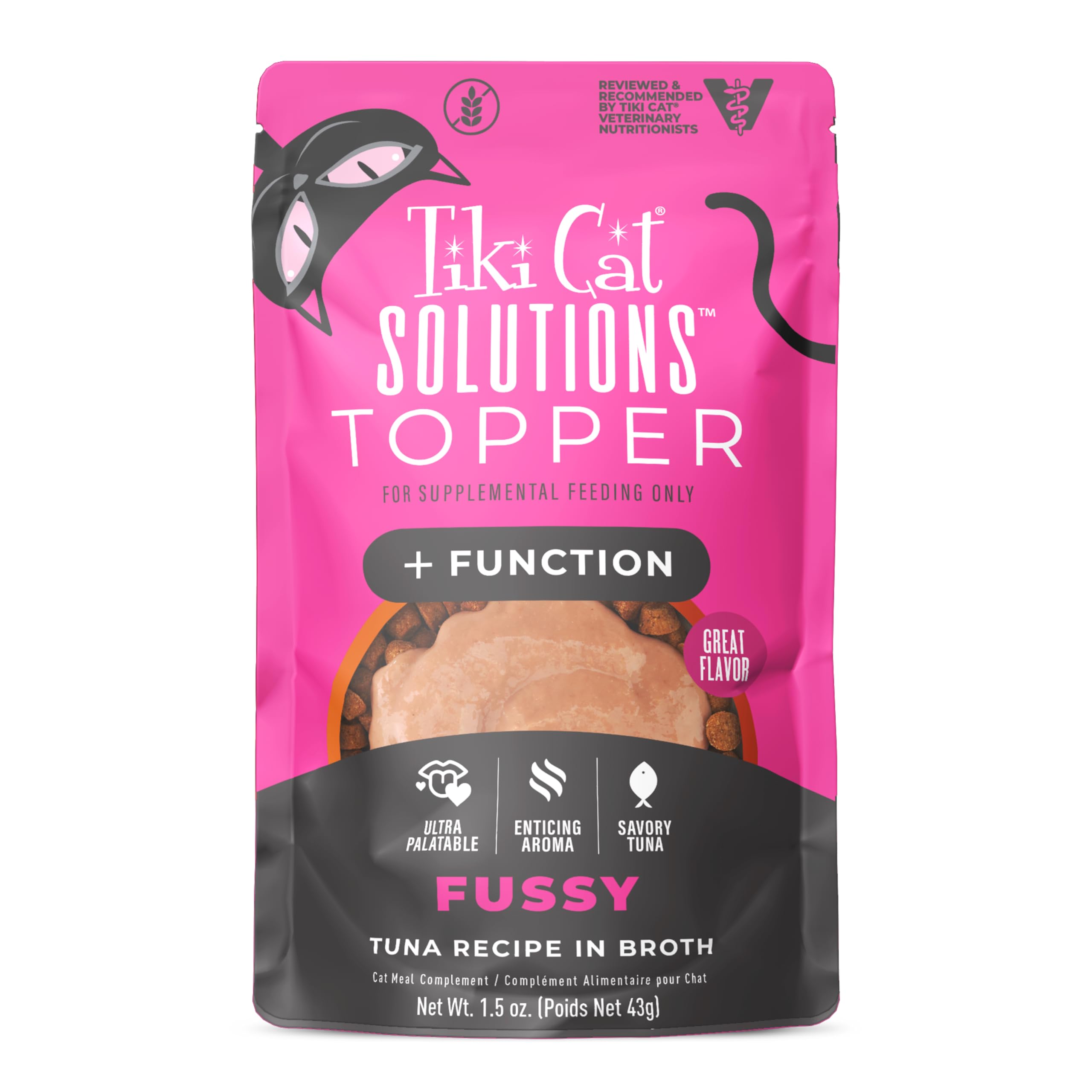 Tiki Cat Solutions Topper Fussy tuna in broth pour over kibble to boost flavor.