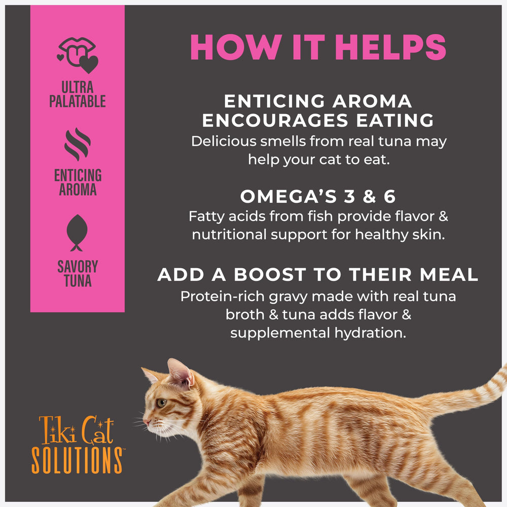 Tiki Cat Solutions Topper Fussy tuna and egg gravy showcasing protein-rich topping.