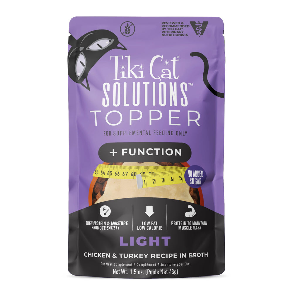 Tiki Cat Solutions Topper Light pouch—protein-rich hydration with real chicken and turkey.