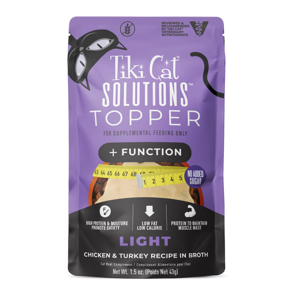 Tiki Cat Solutions Topper Light pouch—protein-rich hydration with real chicken and turkey.