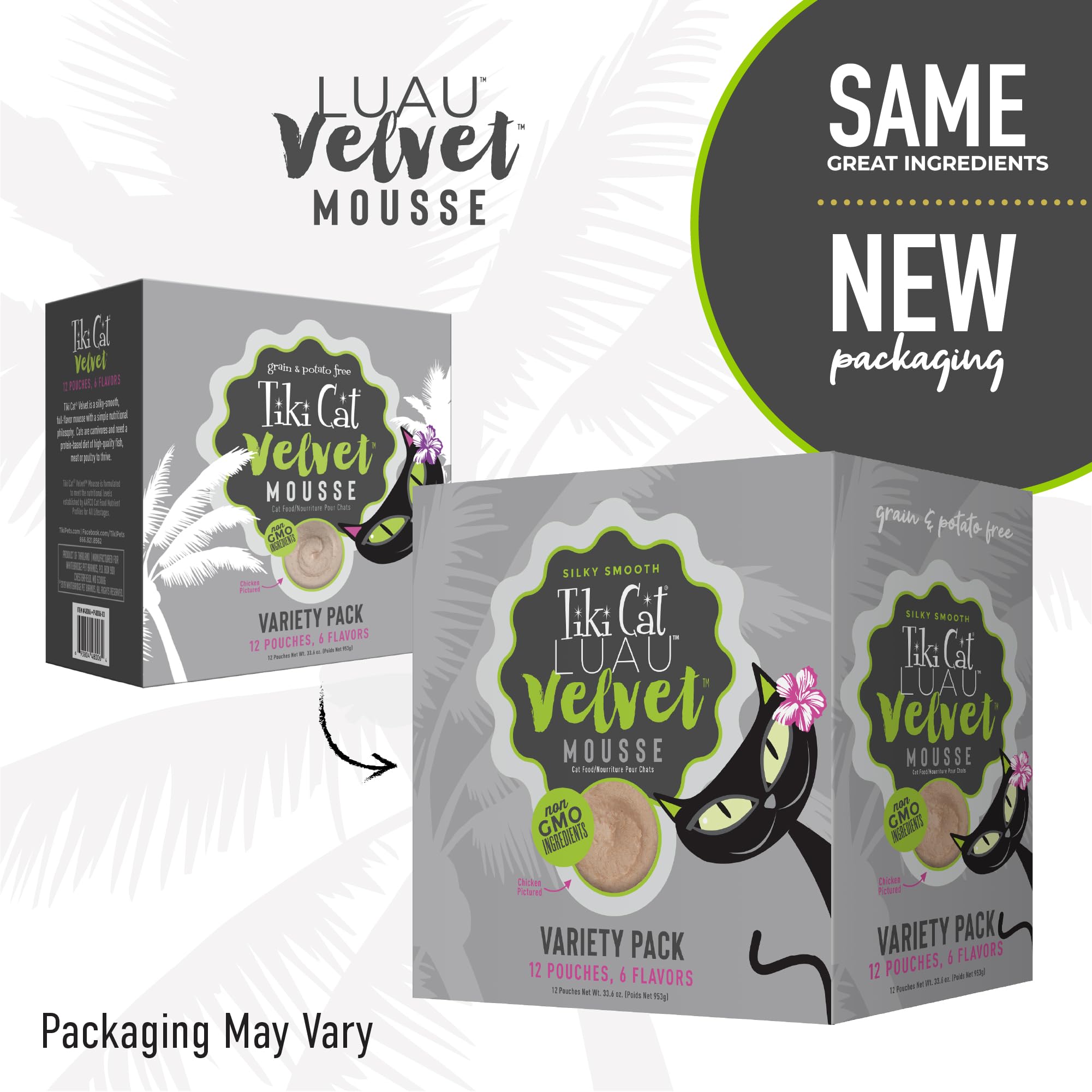 Tiki Cat Velvet Mousse chicken variety pouch highlighting real meat appeal.