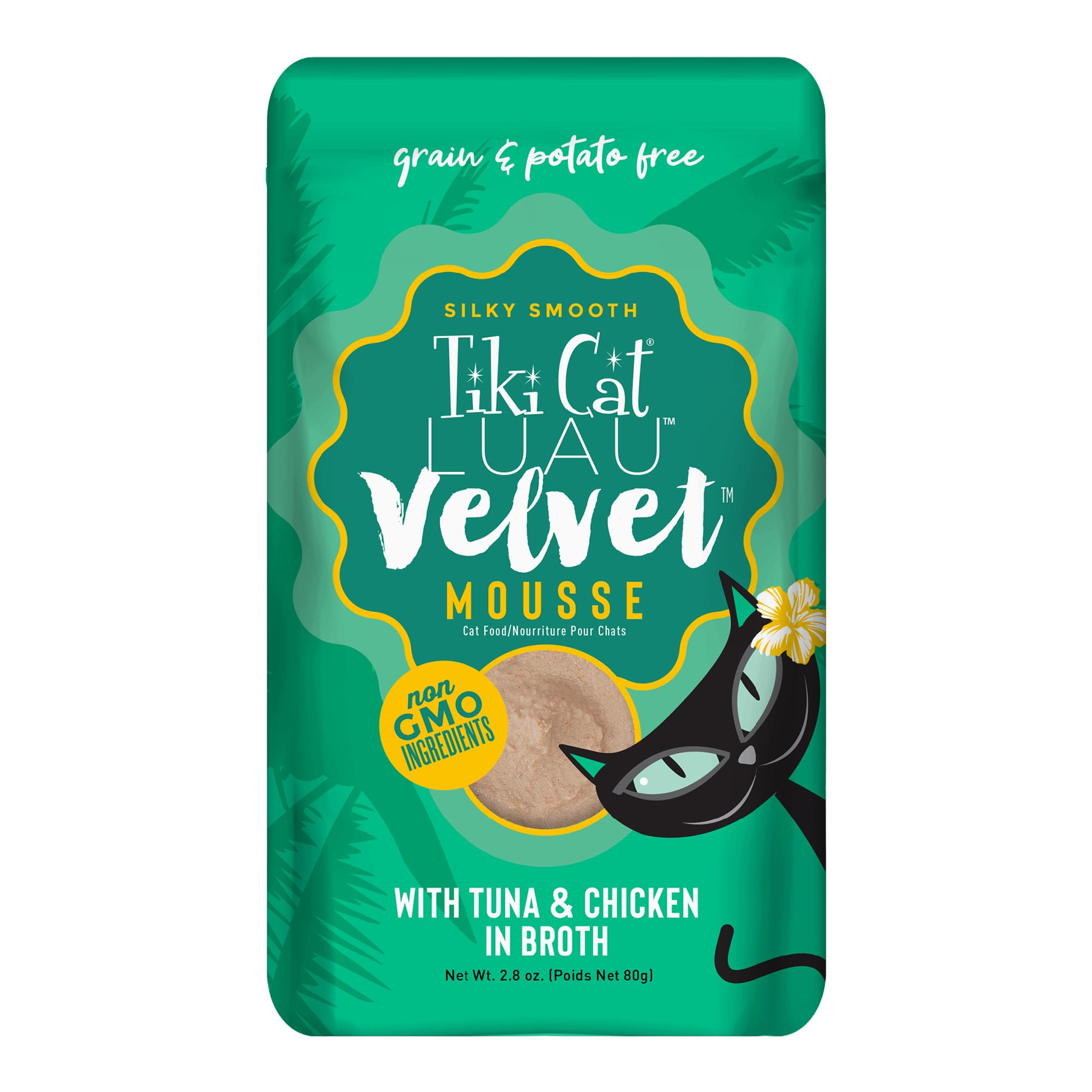 Tiki Cat Velvet Mousse pouch with tuna and chicken for grain-free nutrition.
