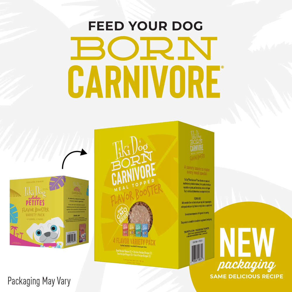 Tiki Dog Born Carnivore bisque chunky pieces enhance flavor on dry kibble.