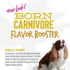 Tiki Dog Born Carnivore bisque poured over kibble boosts moisture and taste.