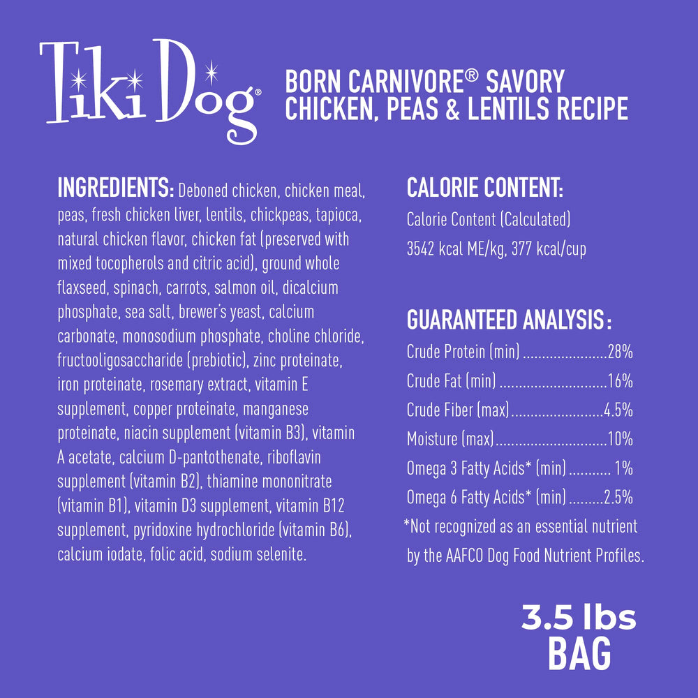 Tiki Dog Born Carnivore grain-free kibble highlighting high-protein nutrition