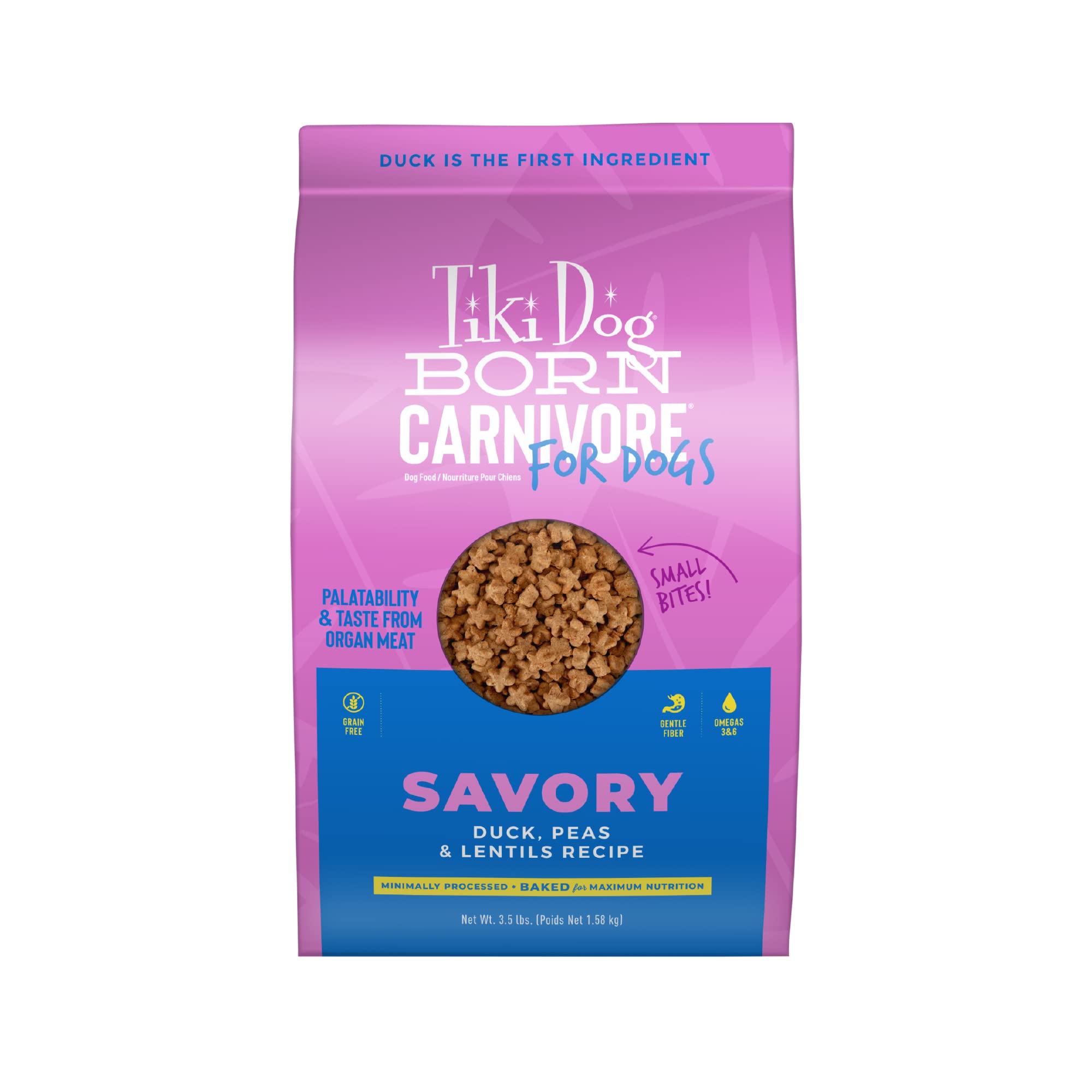 Tiki Dog Born Carnivore duck kibble closeup showing high-protein texture for adult dogs