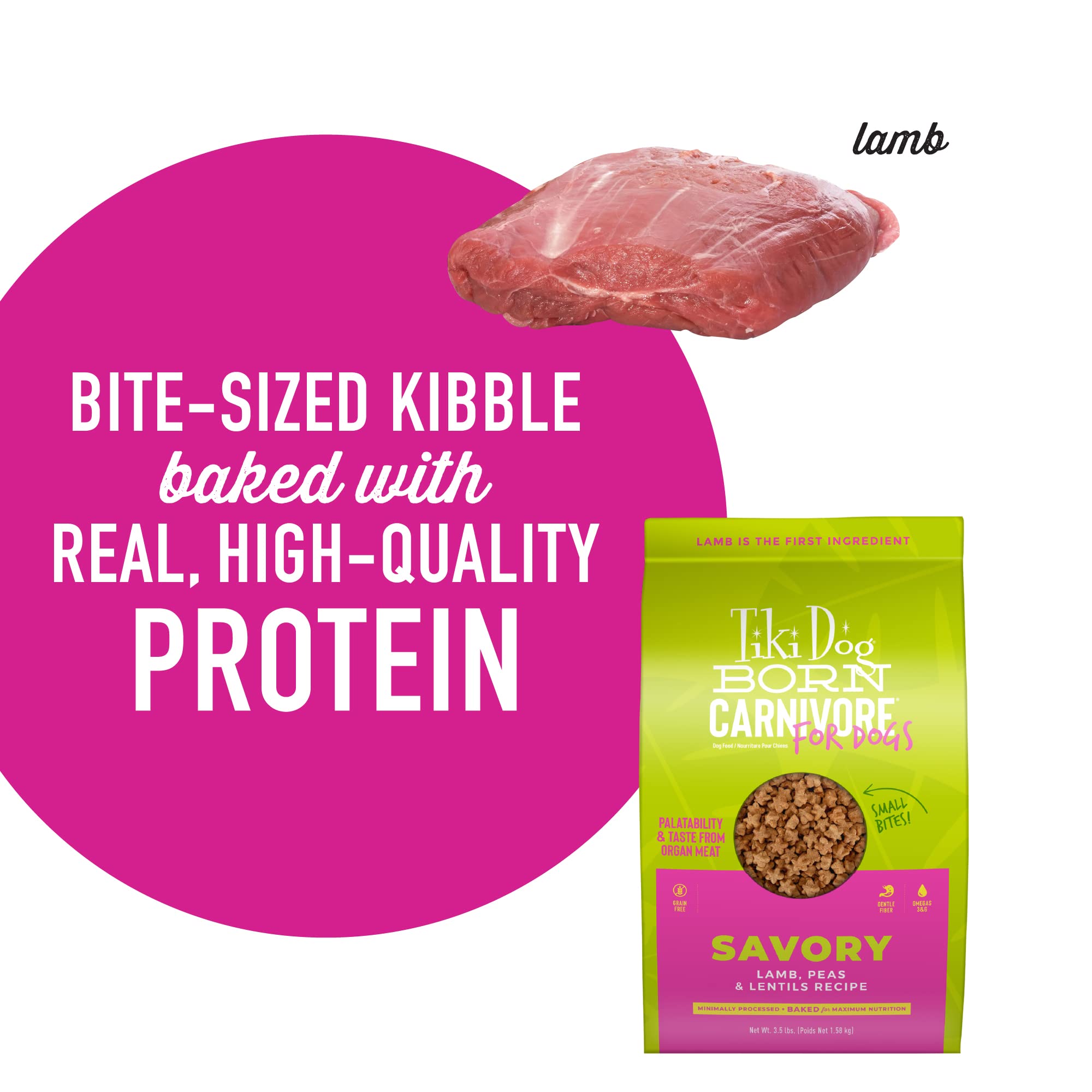 Tiki Dog Born Carnivore grain-free dry food, no corn or soy, for sensitive digestion.