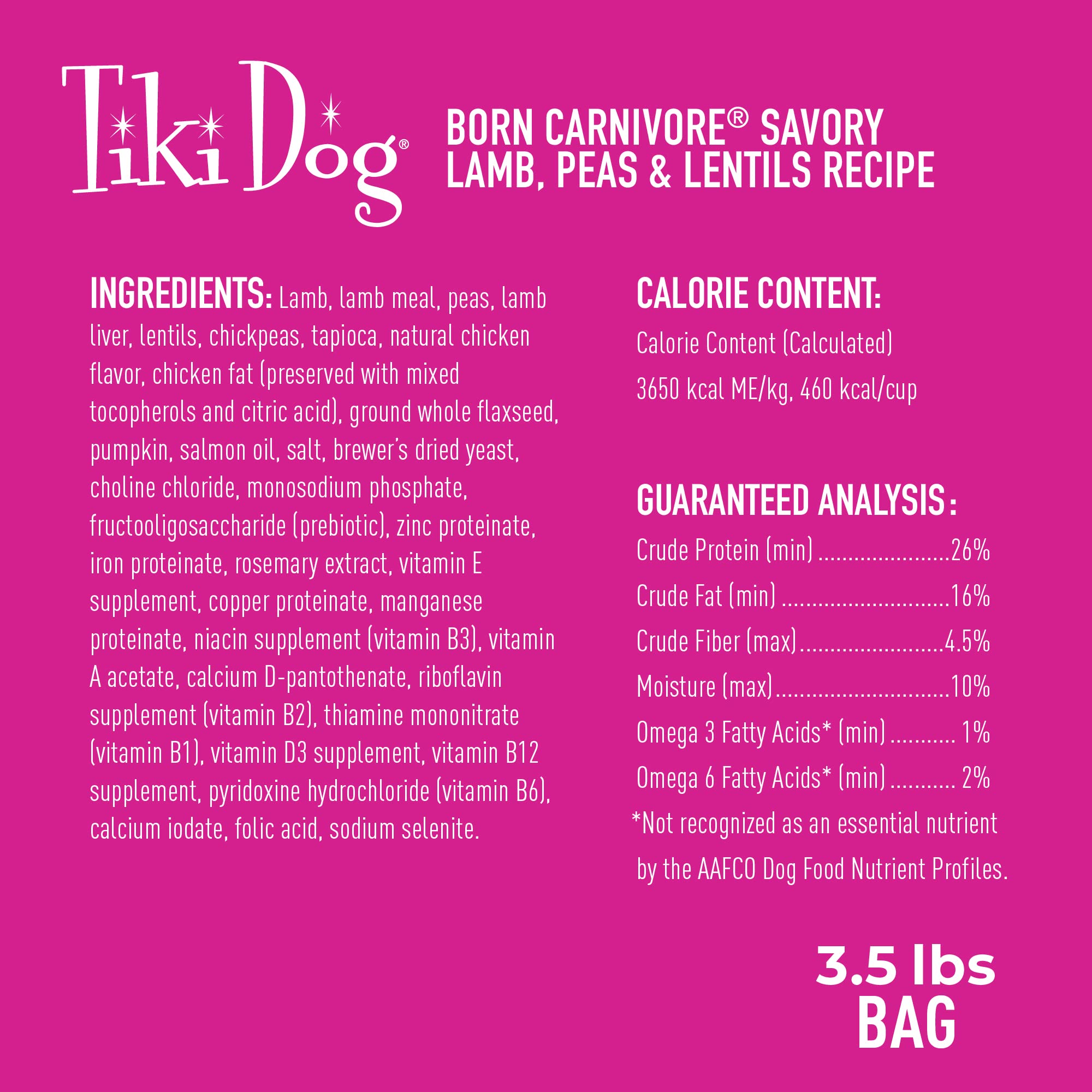 Tiki Dog Born Carnivore lamb liver protein highlight, supports palatability and protein-rich meals.