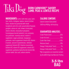 Tiki Dog Born Carnivore lamb liver protein highlight, supports palatability and protein-rich meals.