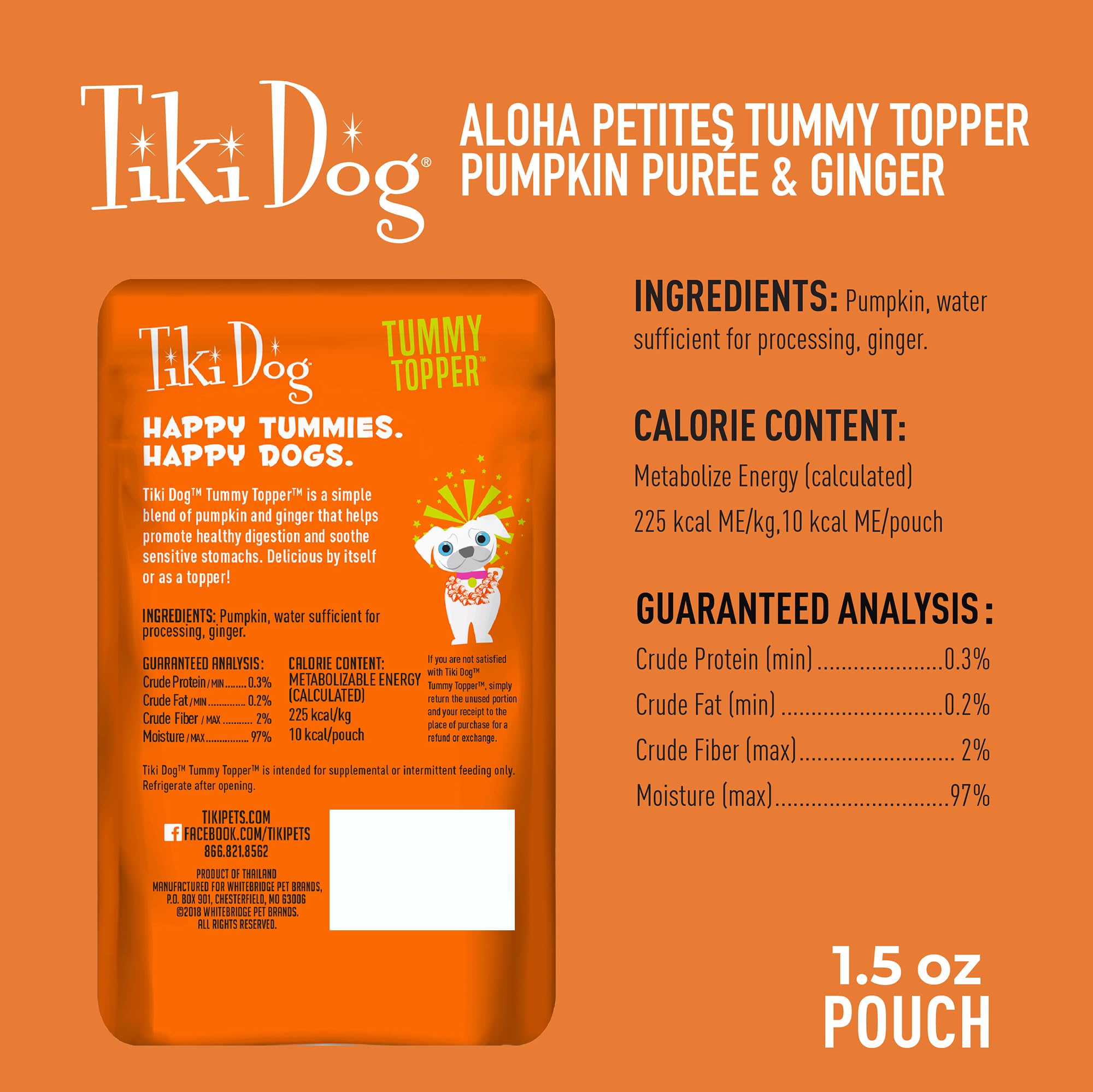 Tiki Dog tummy topper with ginger enhances aroma for dry kibble.
