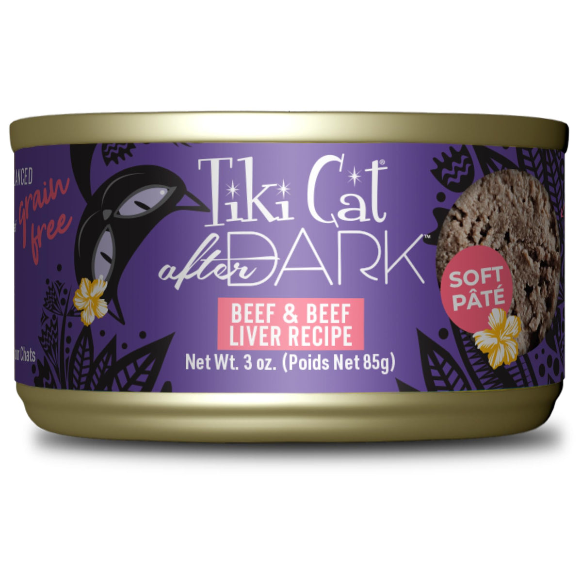 Tiki Pets After Dark Pate beef and liver can closeup showing protein-rich formula.