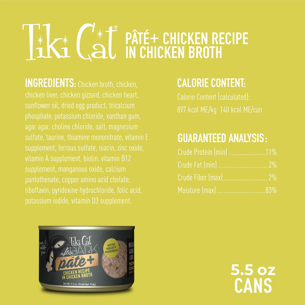 Tiki Cat After Dark Pâté+ chicken liver and heart morsels in rich broth.