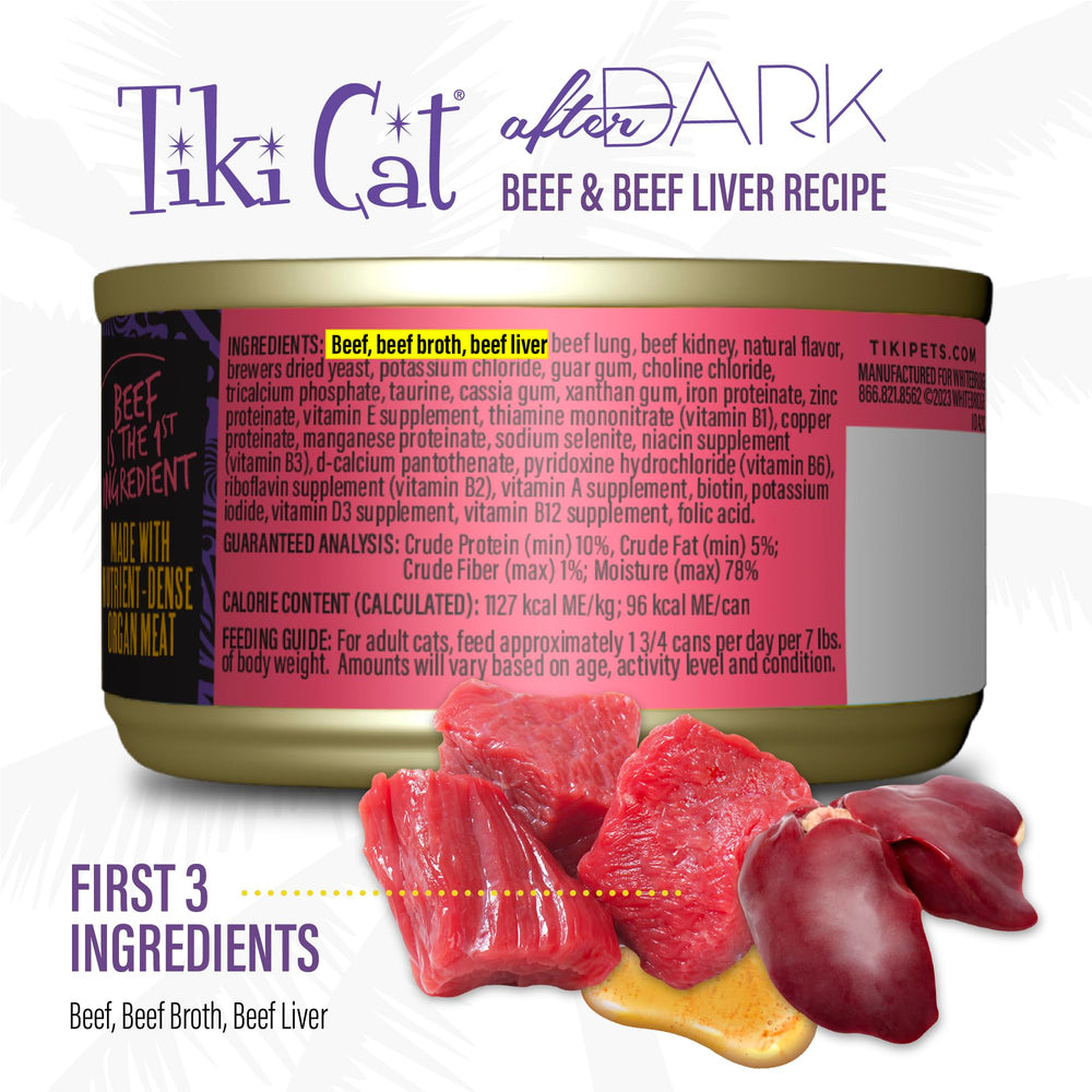 Tiki Pets After Dark Pate beef and liver ingredients visible in can.