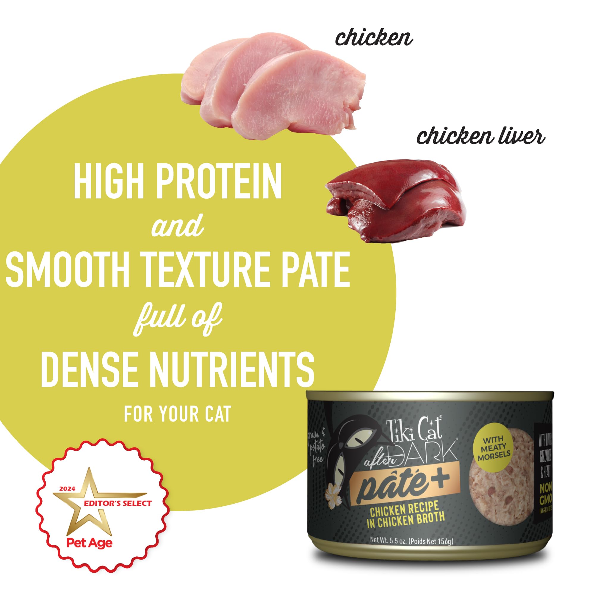 Tiki Cat After Dark Pâté+ eight 5.5 oz cans packaged together.