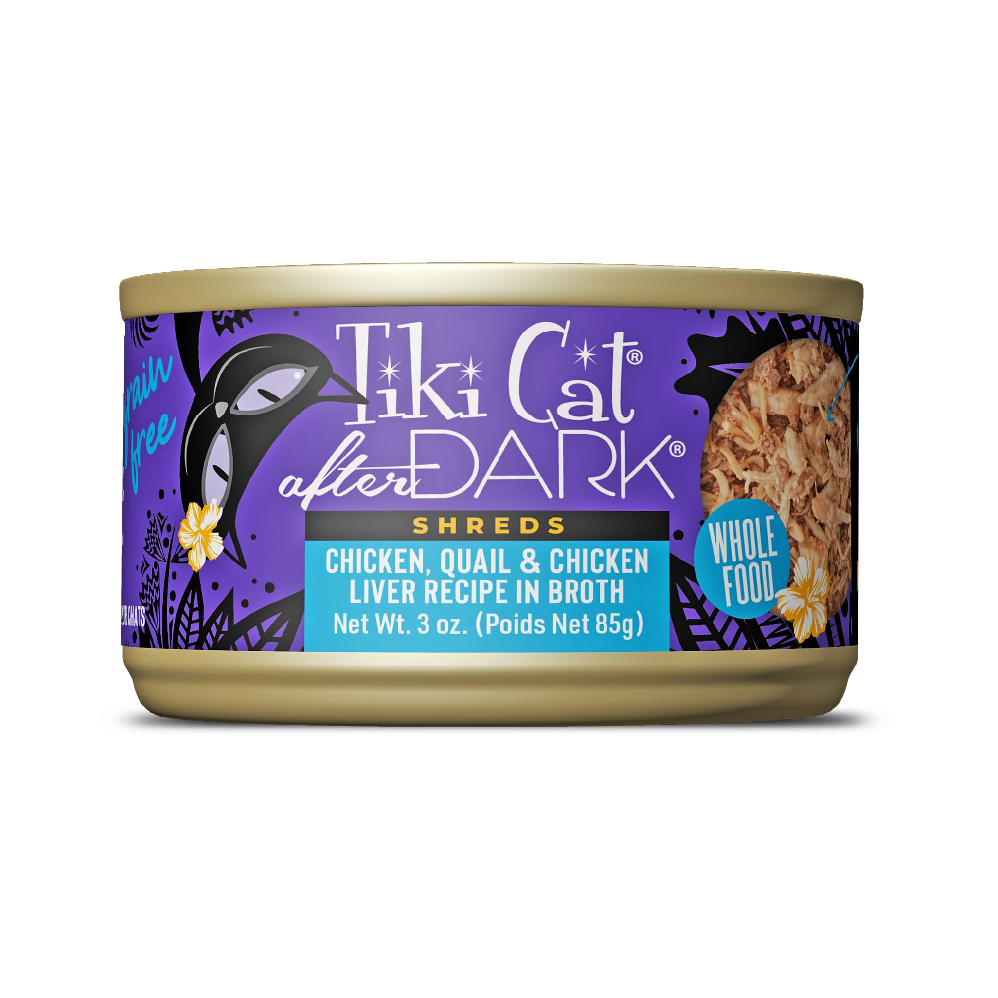 Tiki Cat After Dark Shreds packshot shows grain-free, protein-rich wet cat food.