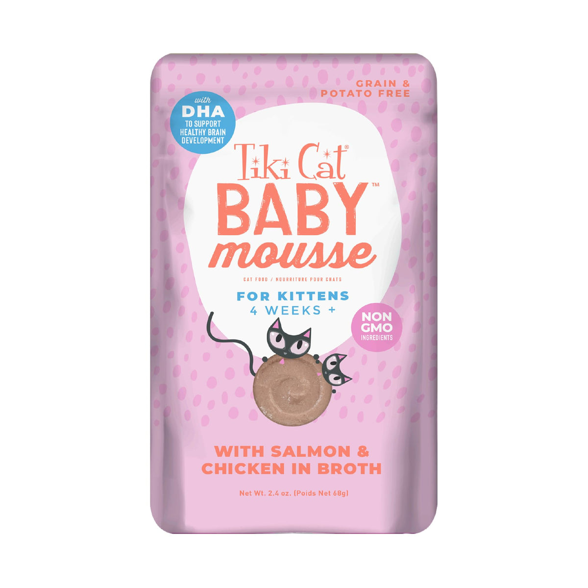 TIKI PETS Baby Mousse with salmon broth supports gentle kitten nourishment.