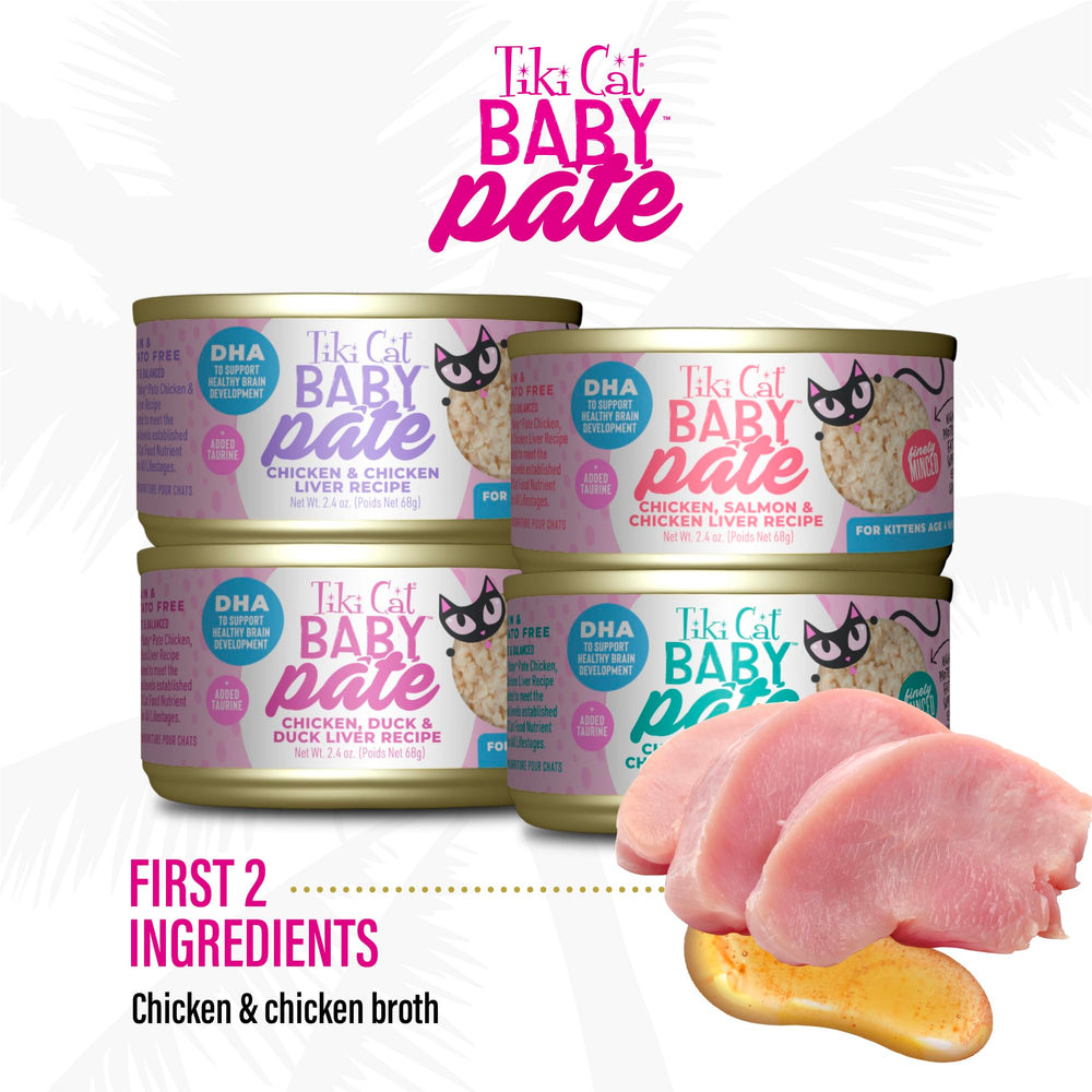 Tiki Cat Baby Pate chicken can close-up highlights real meat texture for tiny mouths.