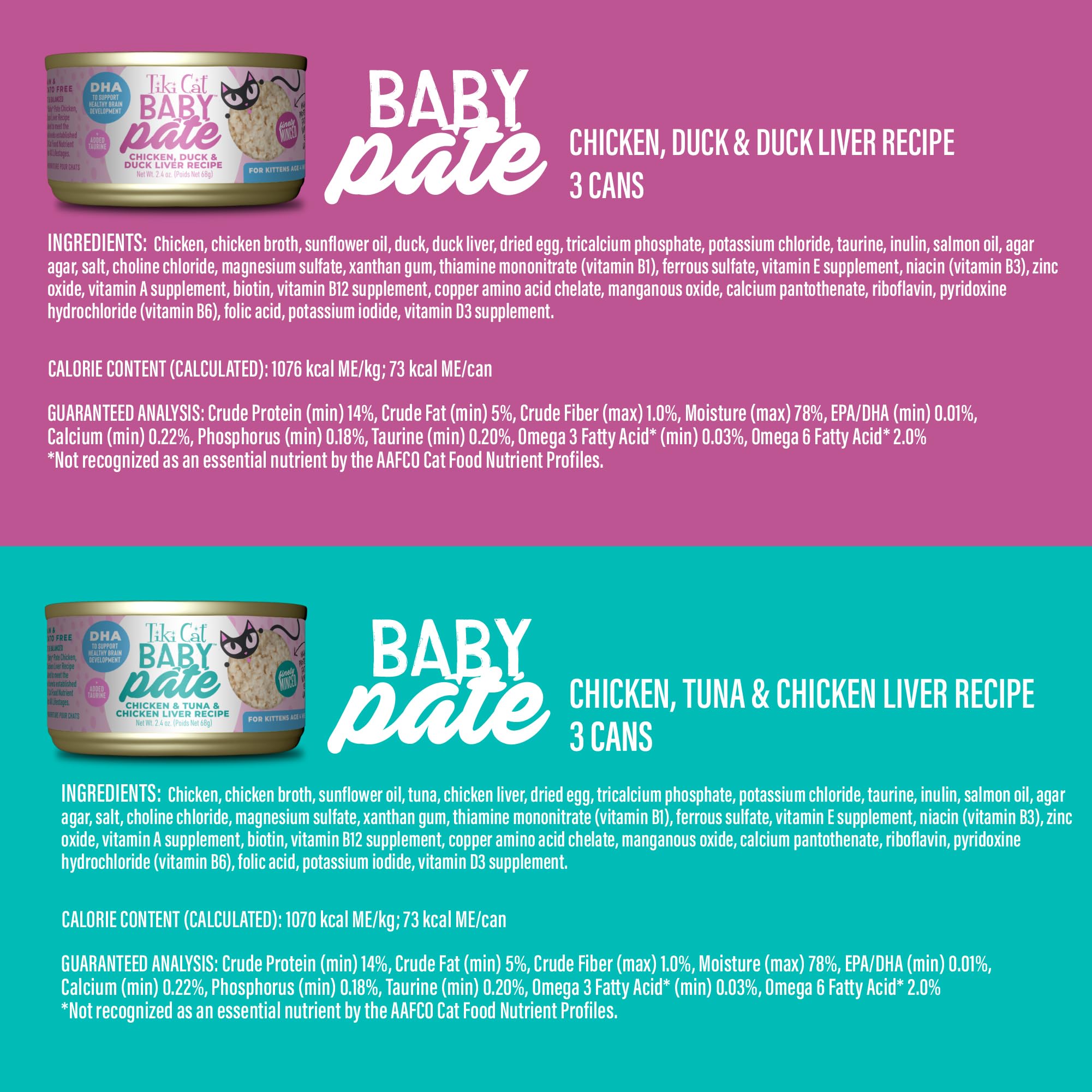 Tiki Cat Baby Pate duck-chicken-liver can offers rich flavor variety for picky eaters.