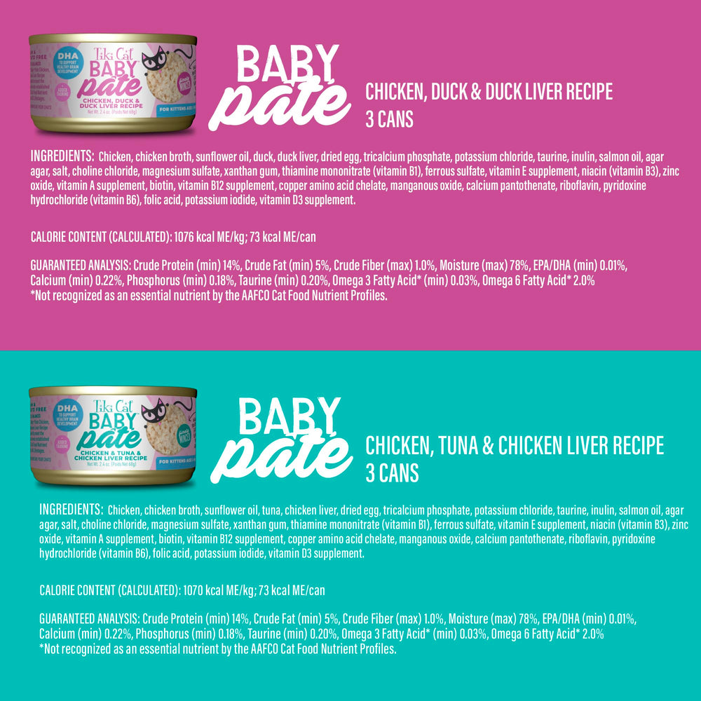Tiki Cat Baby Pate duck-chicken-liver can offers rich flavor variety for picky eaters.