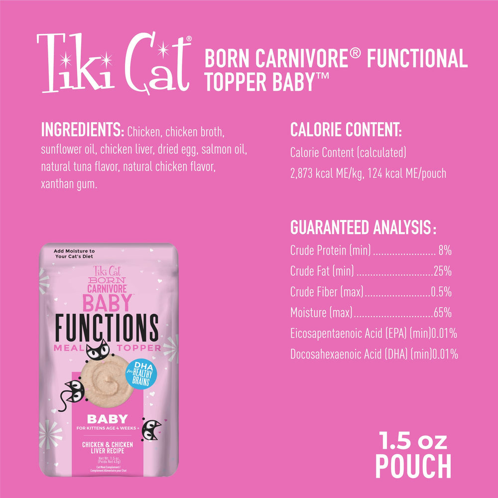 Tiki Cat Born Carnivore Baby Topper Mousse with chicken liver boosts palatability for picky kittens.