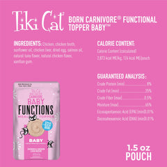 Tiki Cat Born Carnivore Baby Topper Mousse with chicken liver boosts palatability for picky kittens.