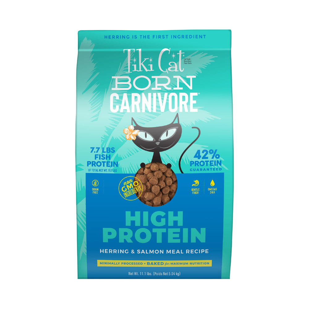Tiki Pets Born Carnivore herring kibble close view, protein-rich dry food for adult cats