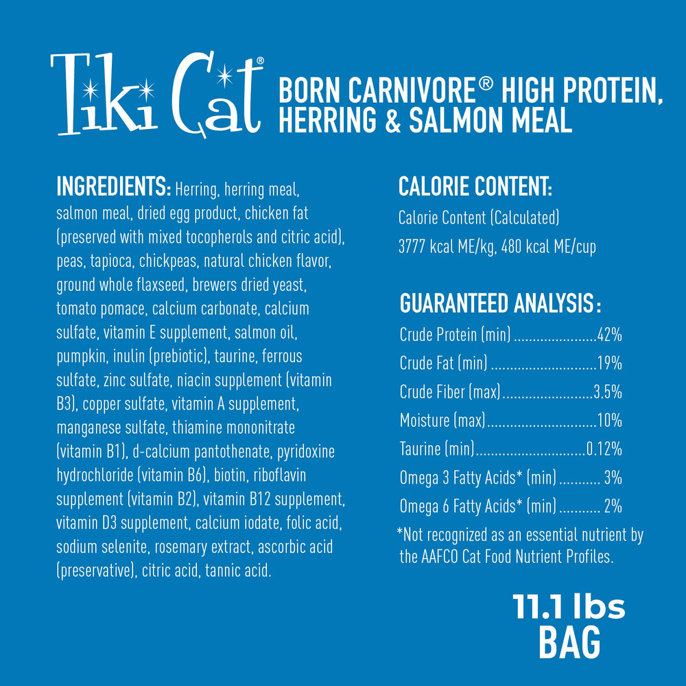 Tiki Pets Born Carnivore herring-salmon meal kibble in bowl, flavorful daily option