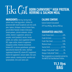 Tiki Pets Born Carnivore herring-salmon meal kibble in bowl, flavorful daily option