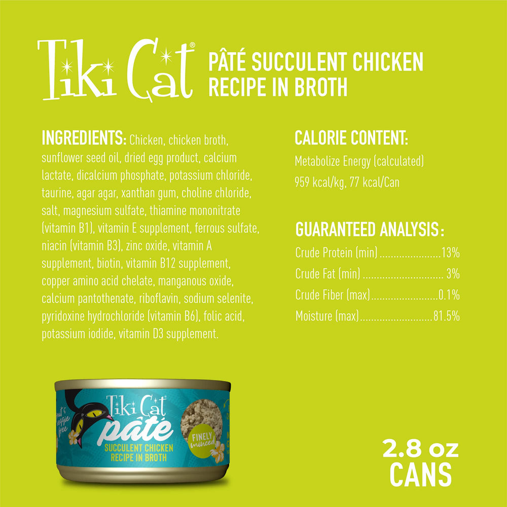 TIKI PETS Luau Pâté Chicken close-up highlights smooth pâté texture for easy chewing.