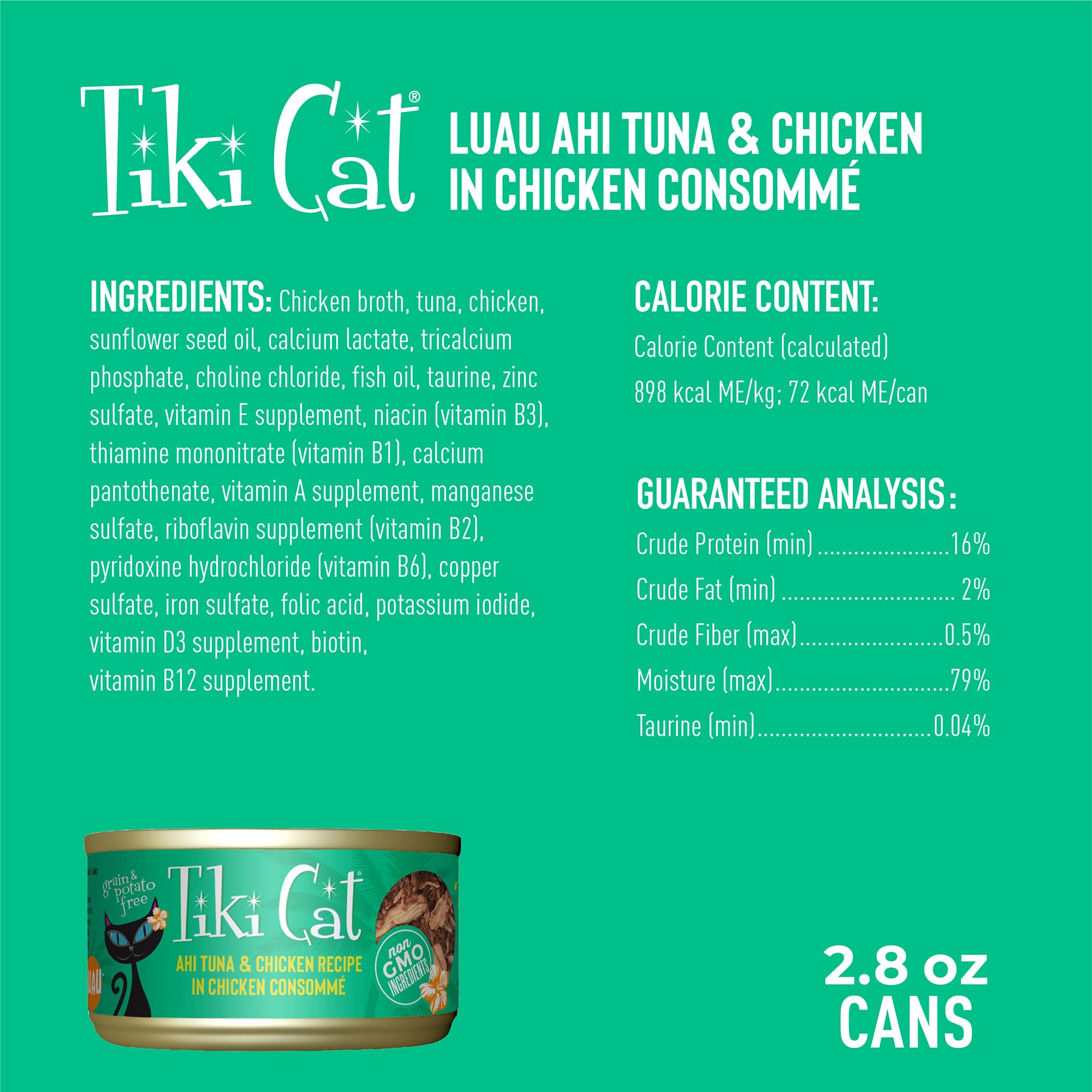 TIKI PETS Luau tuna and chicken chunks in consommé serving showcase hydration-friendly texture.