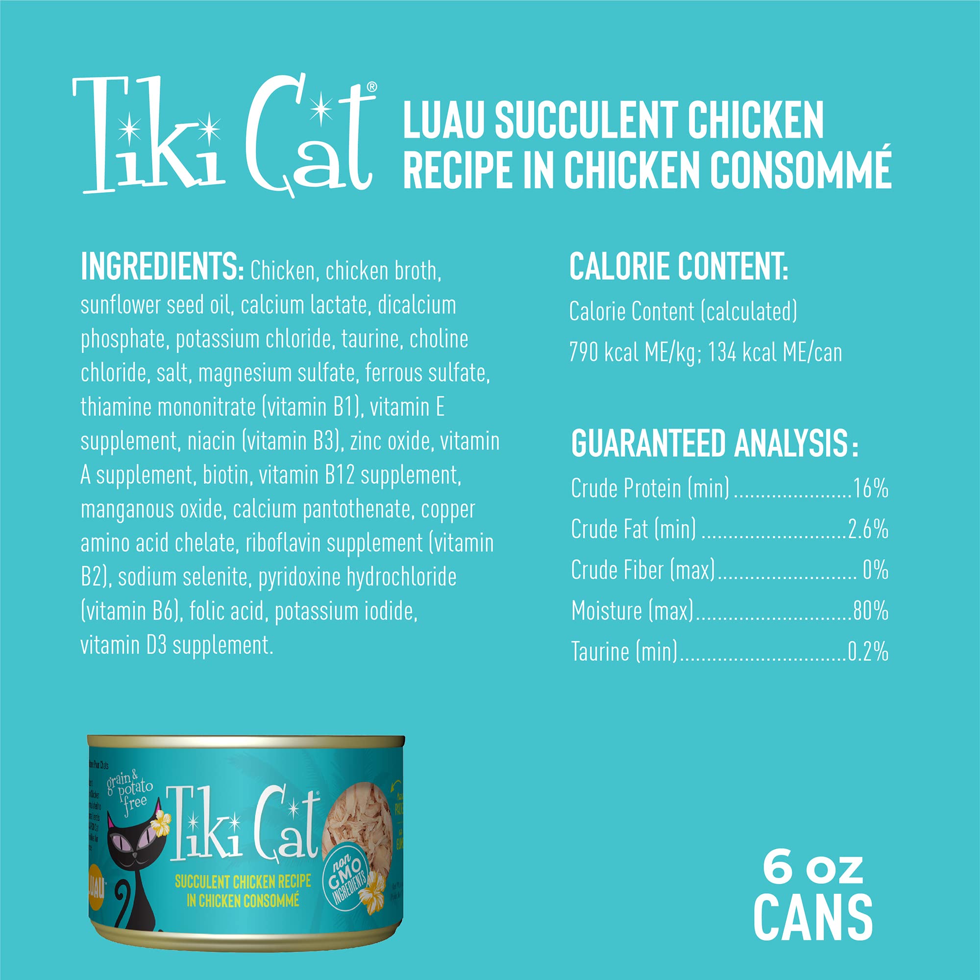 TIKI CAT Puka Puka chicken cat food ingredients label shows real tilapia and chicken