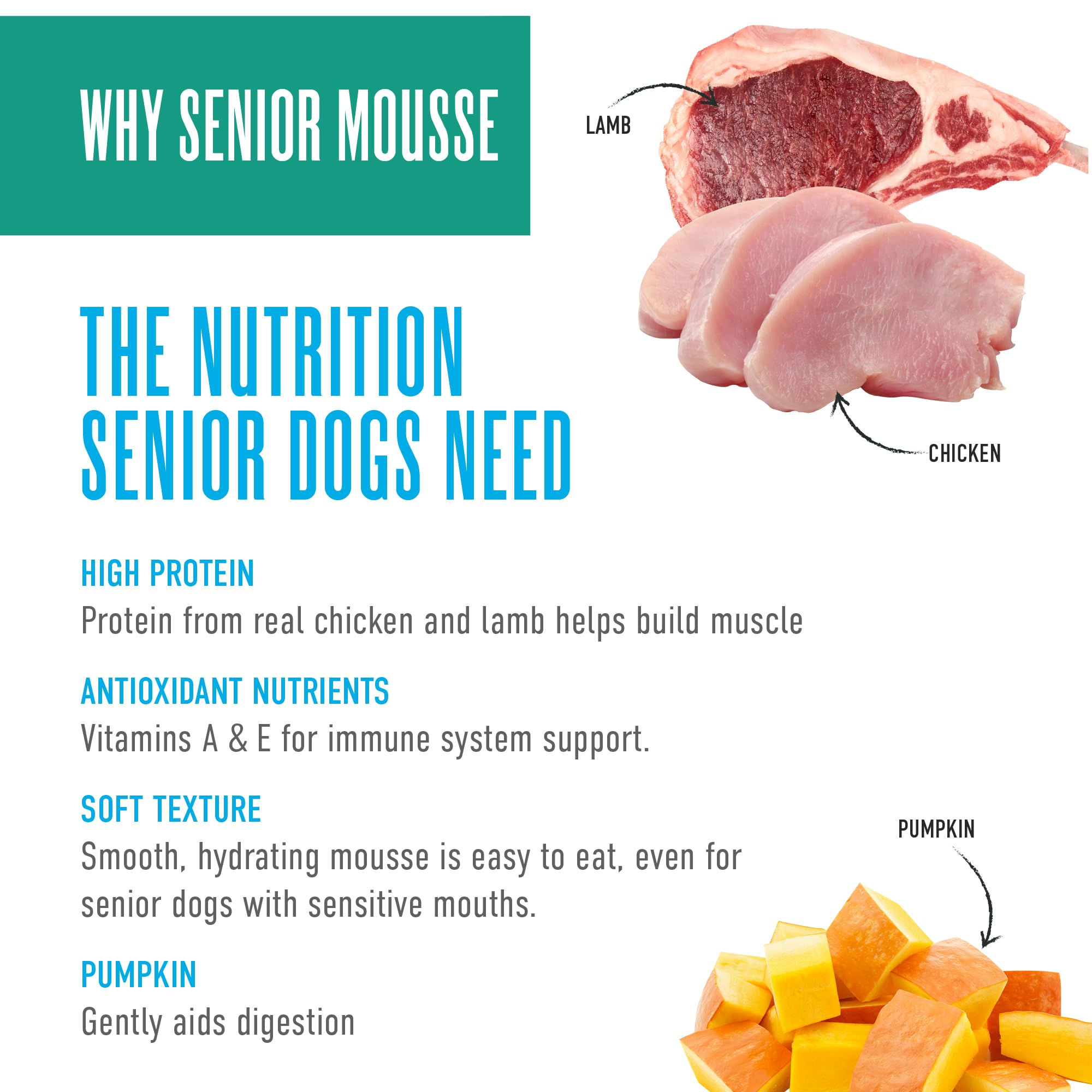 TIKI PETS Tiki Dog Seniors Mousse dog-eating captures a happy senior enjoying a soft mousse.