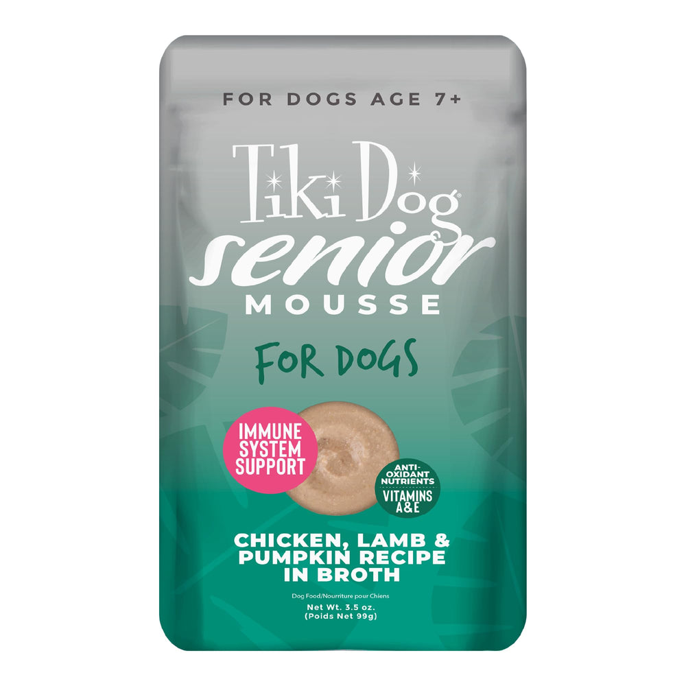 TIKI PETS Tiki Dog Seniors Mousse packaging highlights a senior-friendly, easy-to-serve meal.