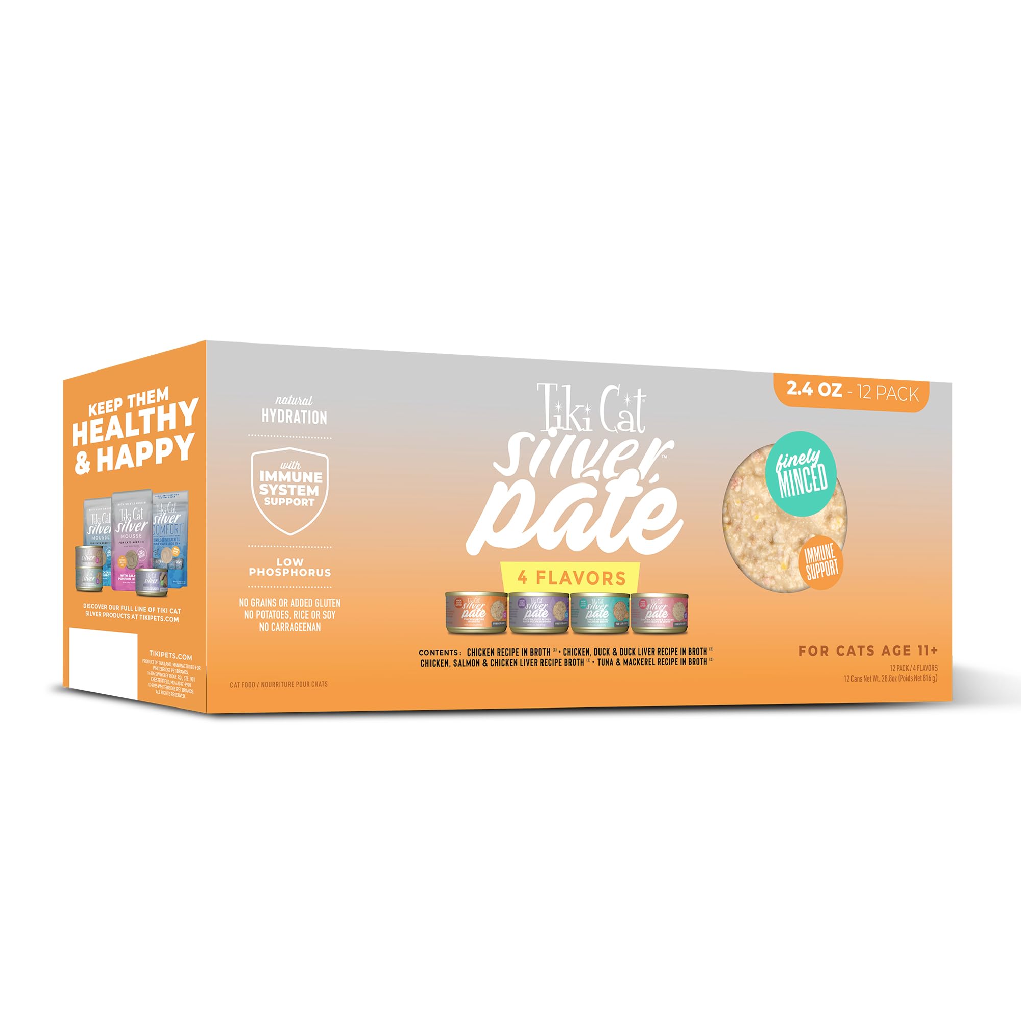 Tiki Cat Silver Paté variety pack box highlighting senior nutrition for cats 11+
