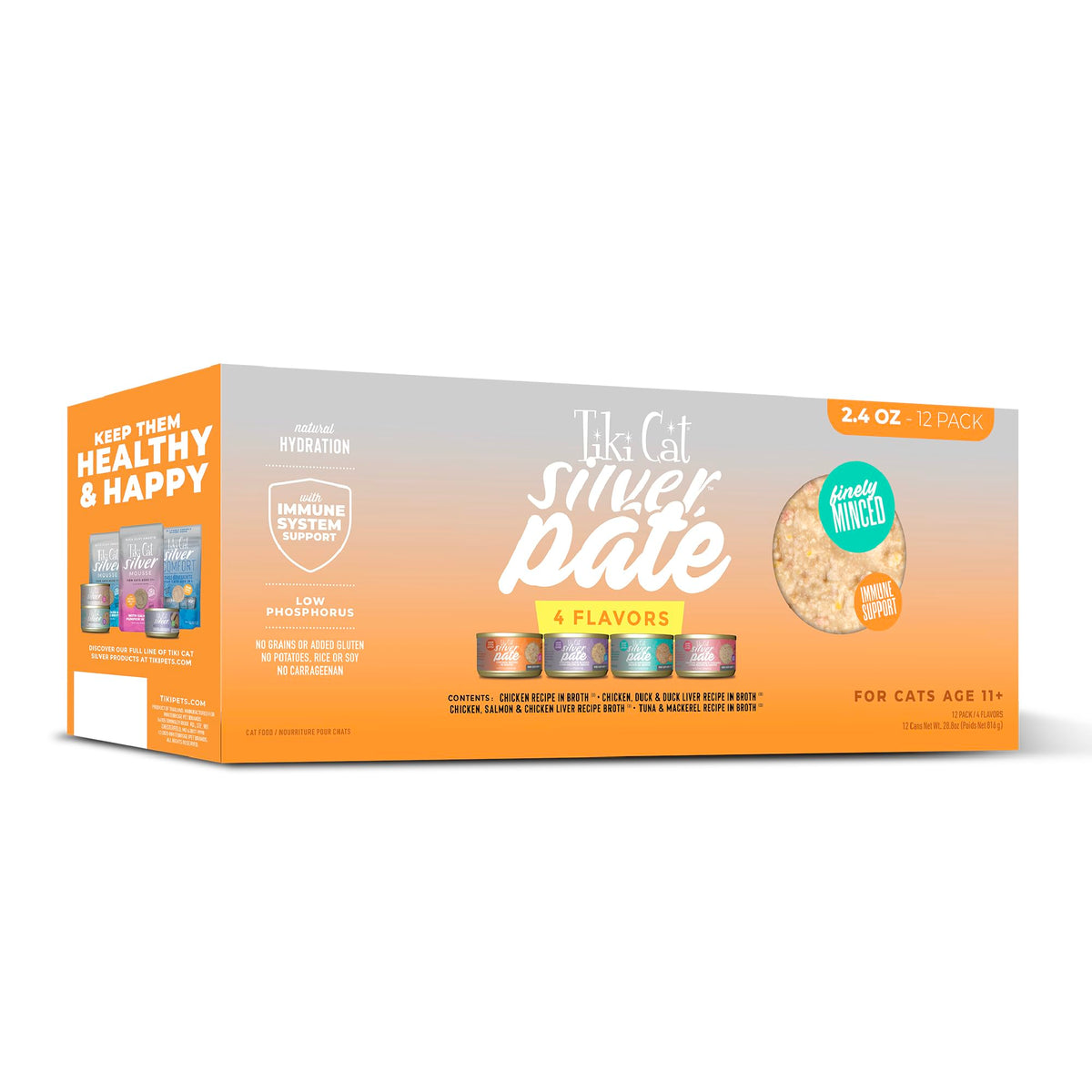 Tiki Cat Silver Paté variety pack box highlighting senior nutrition for cats 11+