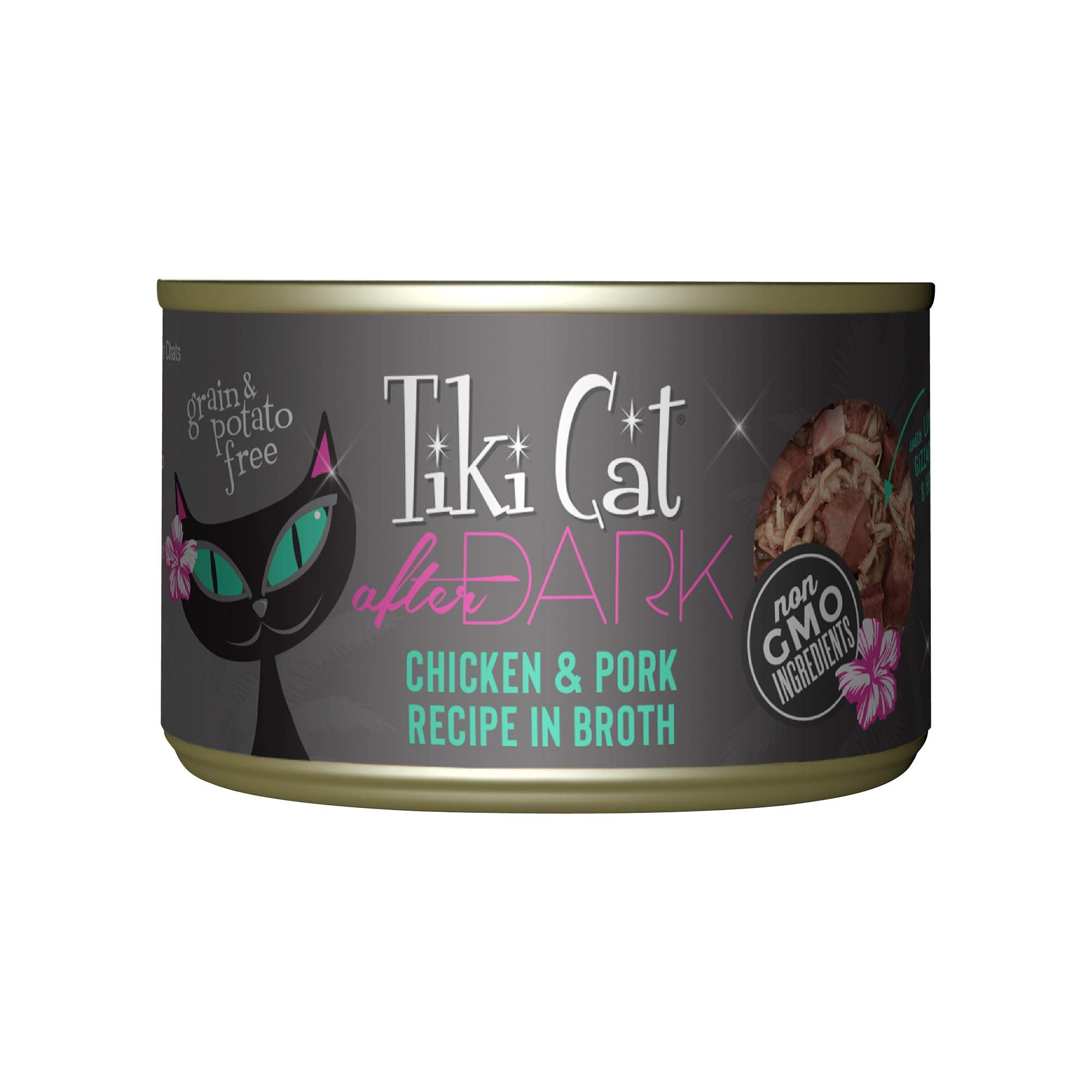 Tiki Cat After Dark can with shredded chicken and pork for protein-rich dinner.