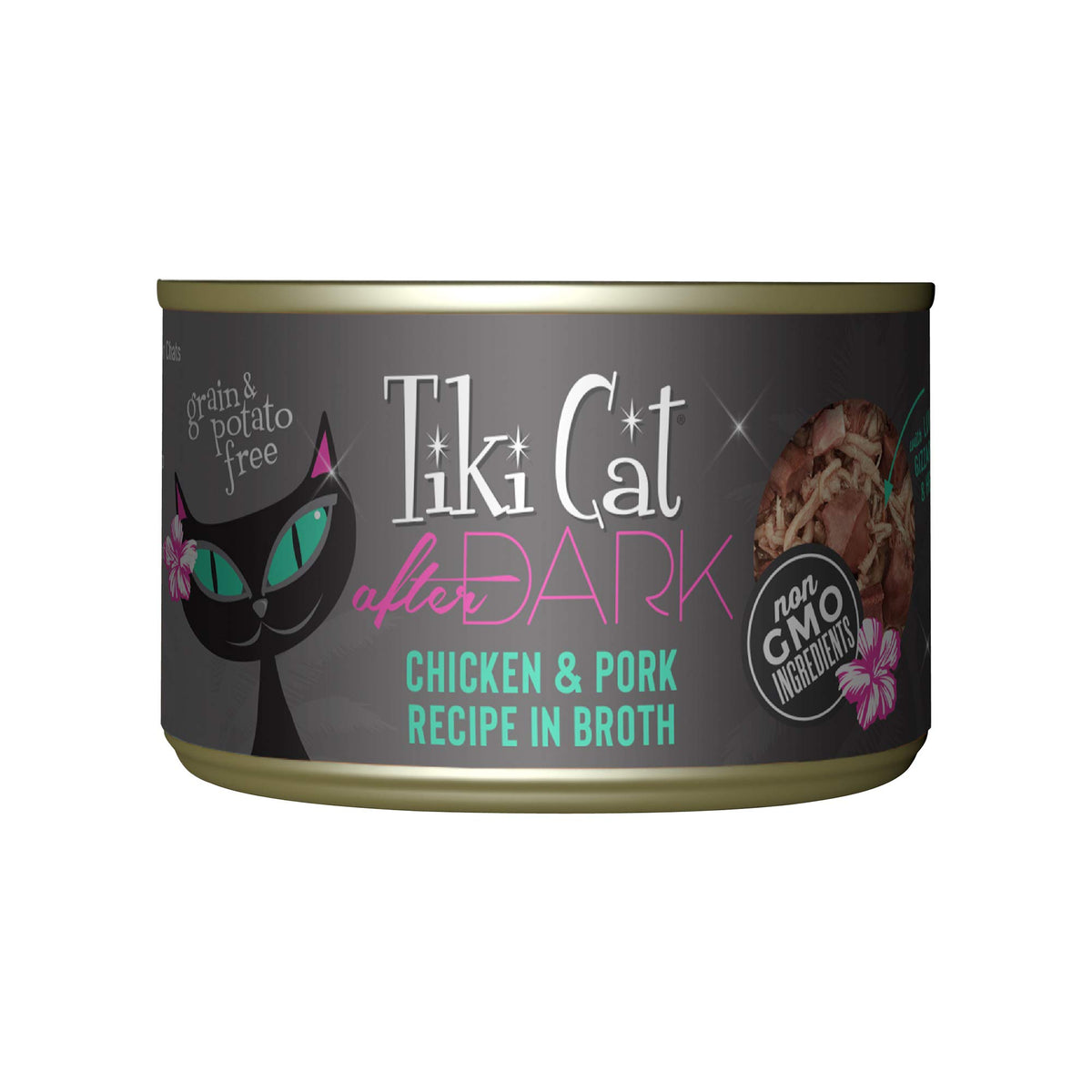 Tiki Cat After Dark can with shredded chicken and pork for protein-rich dinner.