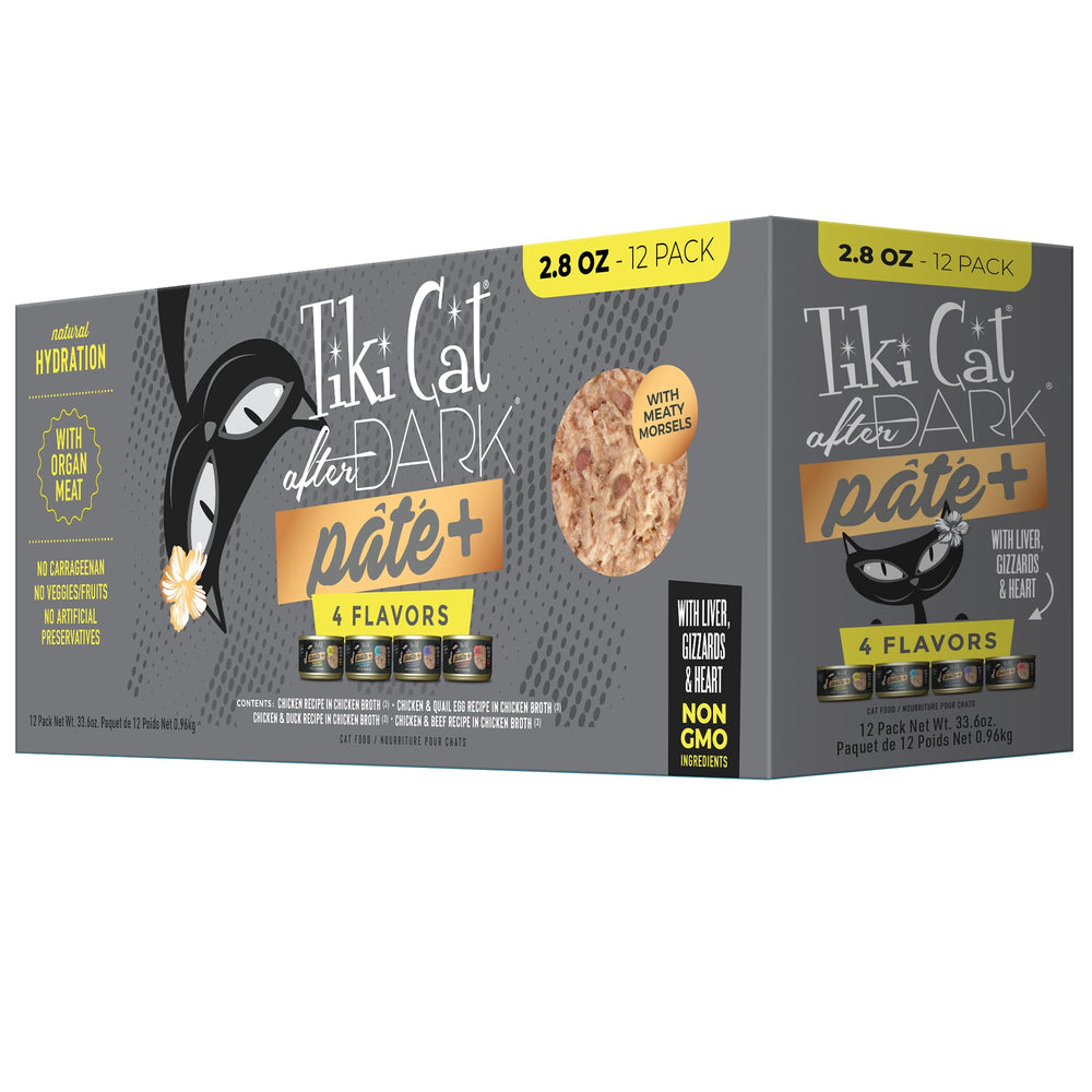 Tiki Pets Tiki Cat After Dark Pate+ with meat chunks in broth for a protein-rich meal.