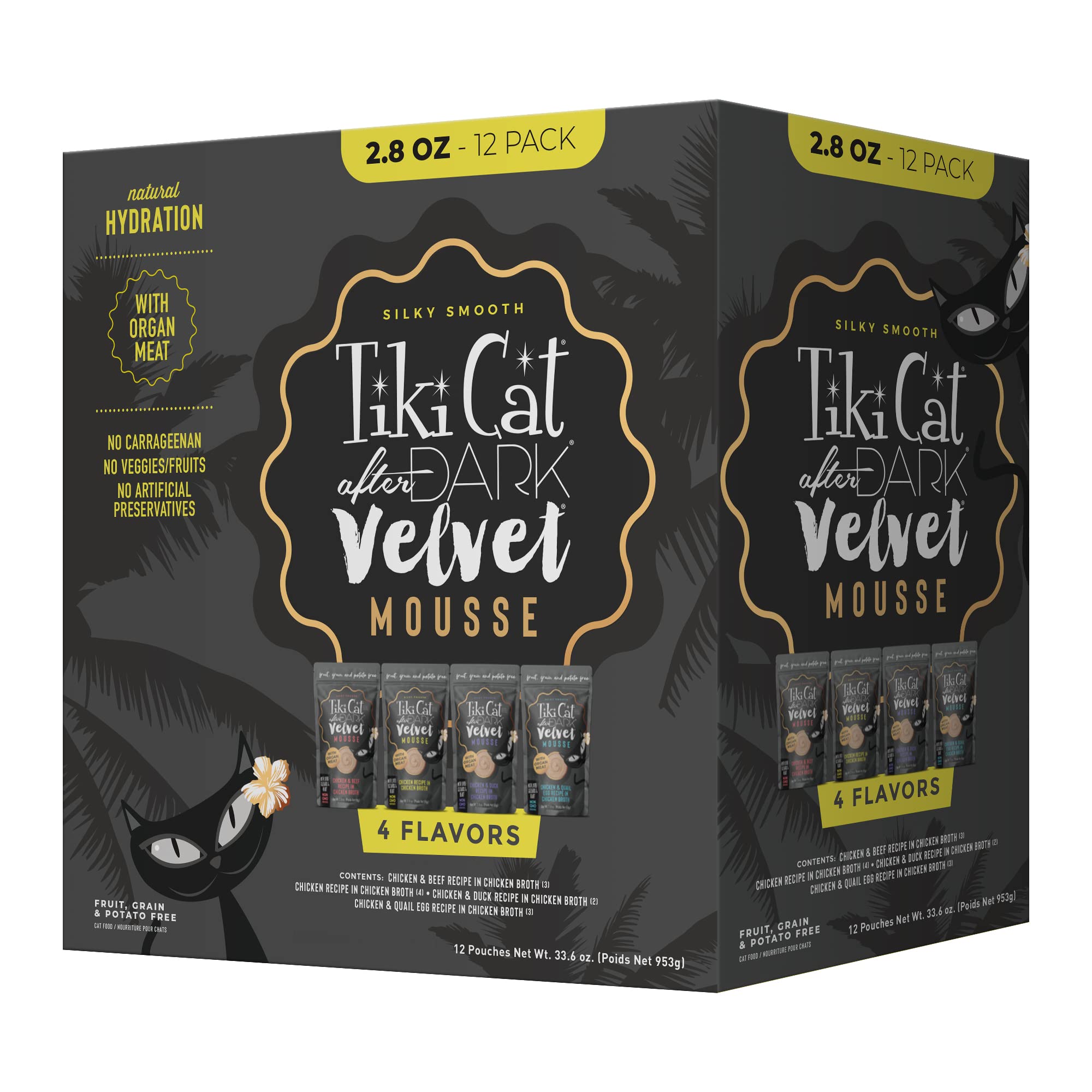TIKI PETS Tiki Cat After Dark Velvet Mousse variety pack pouches for cats, high-protein meals.