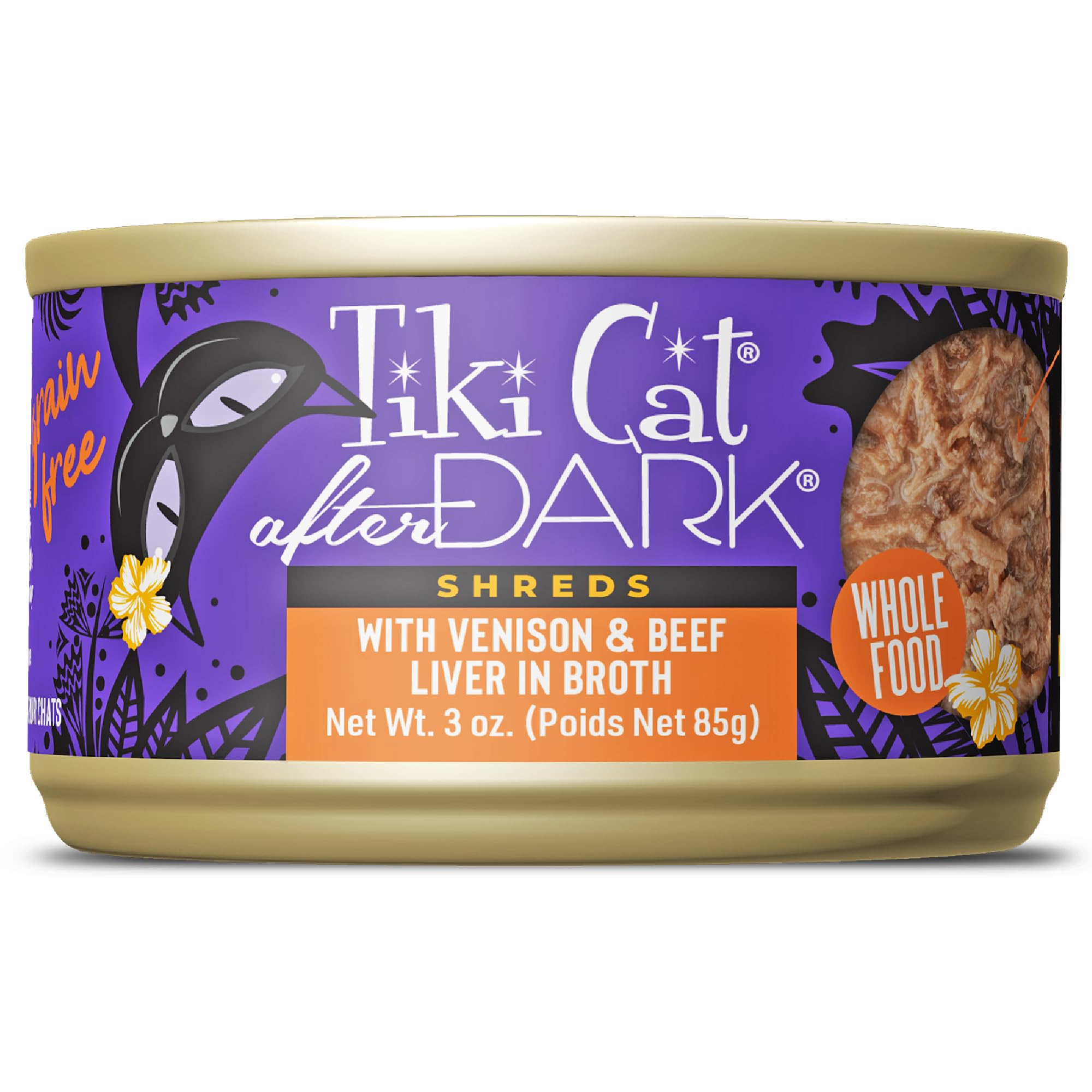Tiki Cat After Dark venison shreds in a can, high moisture for hydration.