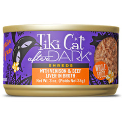 Tiki Cat After Dark venison shreds in a can, high moisture for hydration.