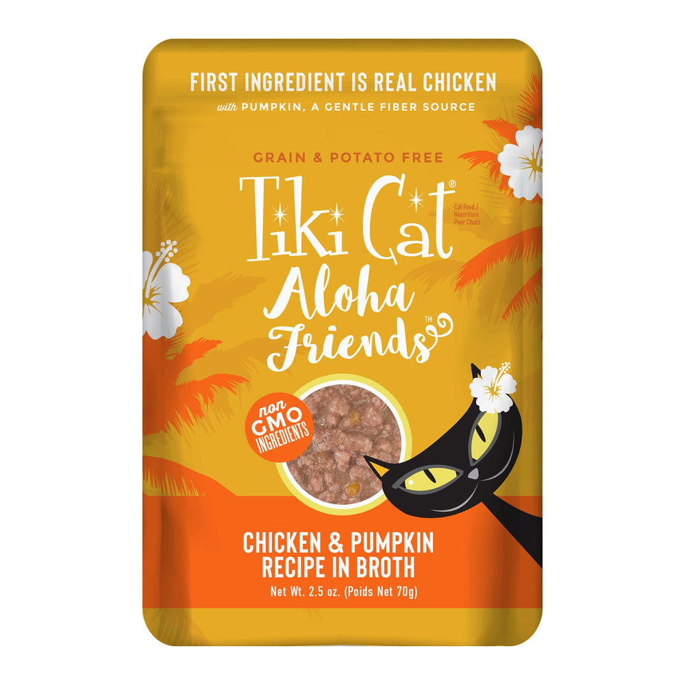 TIKI PETS Tiki Cat Aloha Friends chicken and pumpkin pouch packaging, convenient meal for all life stages.